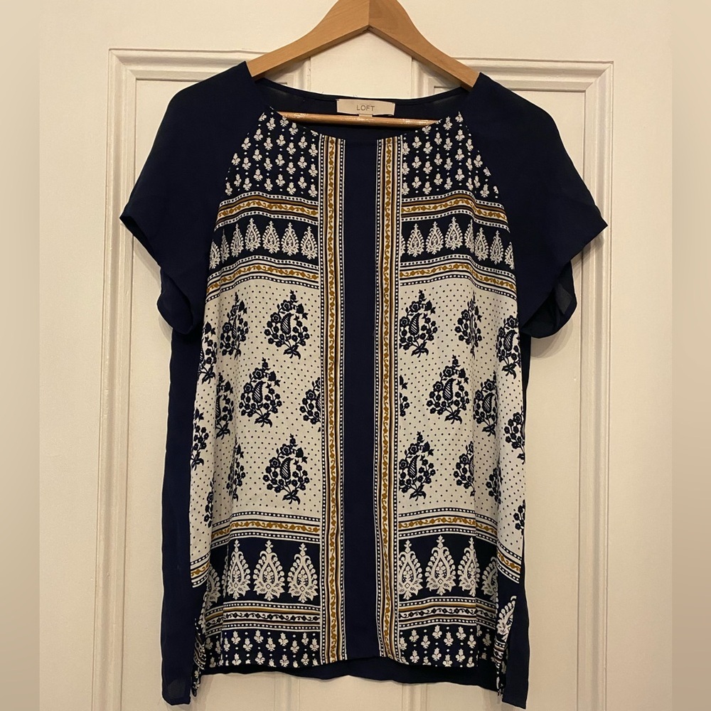 LOFT Navy and White Floral Blouse